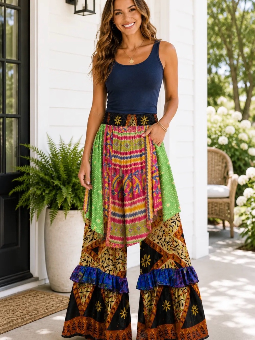 Boho Patchwork Wide-Leg Jumpsuit Pants in Multi-Color